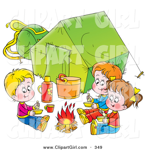 Clip Art of a Trio of Children Eating Around a Campfire Outside Their Green Tent, on a White Background