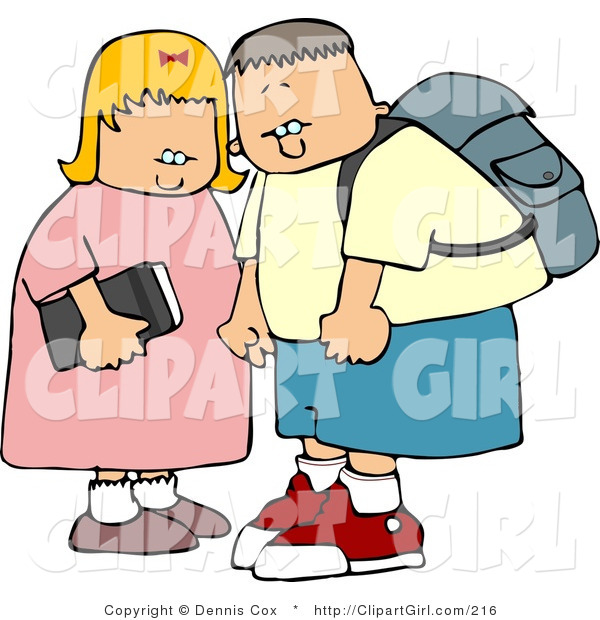 Clip Art of a Two Siblings, a Boy and Girl, on Their Way to Elementary School