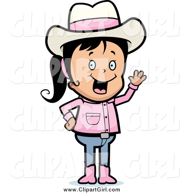 Clip Art of a Waving Friendly Cowgirl in Pink Boots