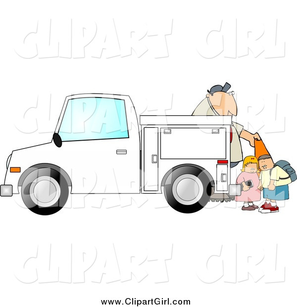 Clip Art of a White Children Watching a Man Set out Construction Cones