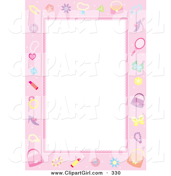 Clip Art of a White Stationery Background Bordered in Pink with Cosmetics, Jewels, Butterflies, Accessories and Jewelery on White
