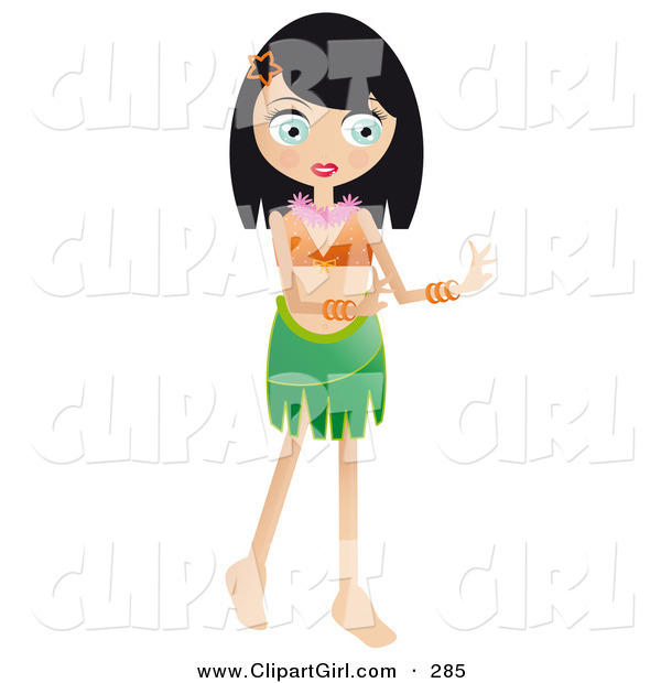 Clip Art of a Wide Eyed Pretty Black Haired Woman Hula Dancing in a Hawaiian Luau
