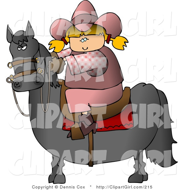 Clip Art of a Young Blond Cowgirl Riding a Saddled Horse with Reins