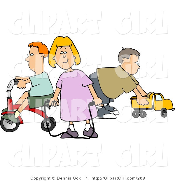 Clip Art of a Young Girl and Two Boys, Her Brothers Playing with Toys