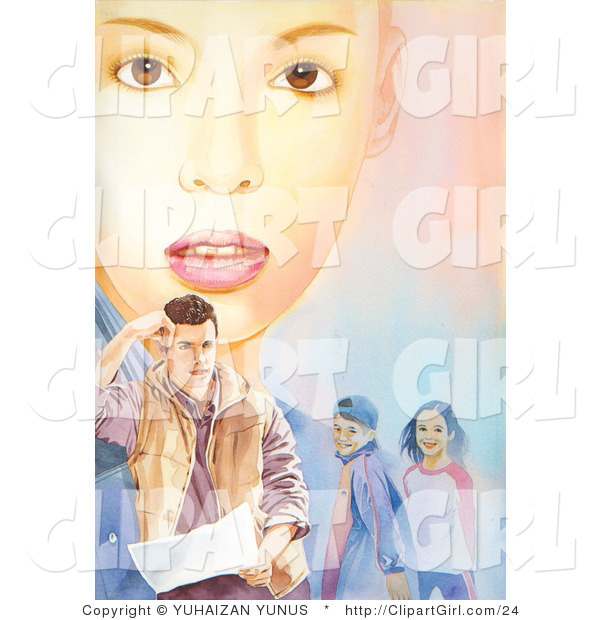 Clip Art of a Young Woman's Face Behind Her Family - a Man and Two Children