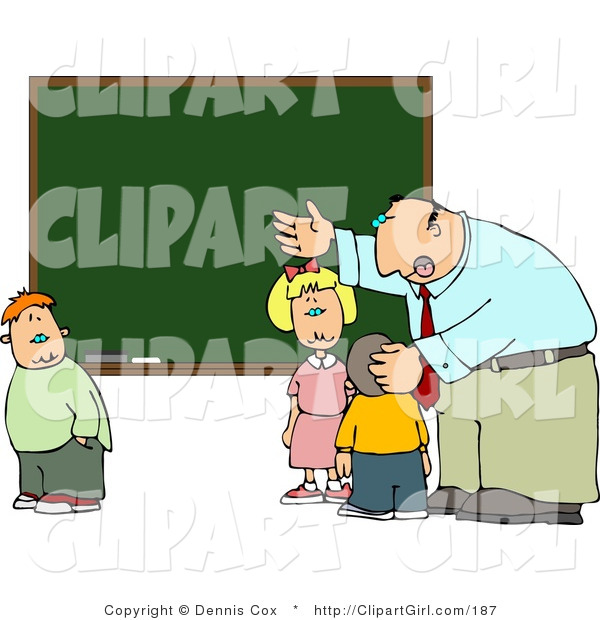 Clip Art of an Elementary Male School Teacher Explaining to Students in Front of a Green Chalkboard