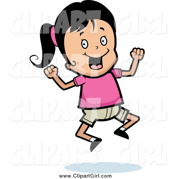 Clip Art of an Excited Black Haired Girl Jumping