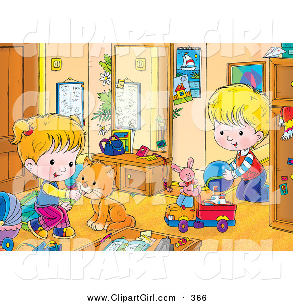 Clip Art of an Orange Cat Playing with a Boy in a Girl in Their Room