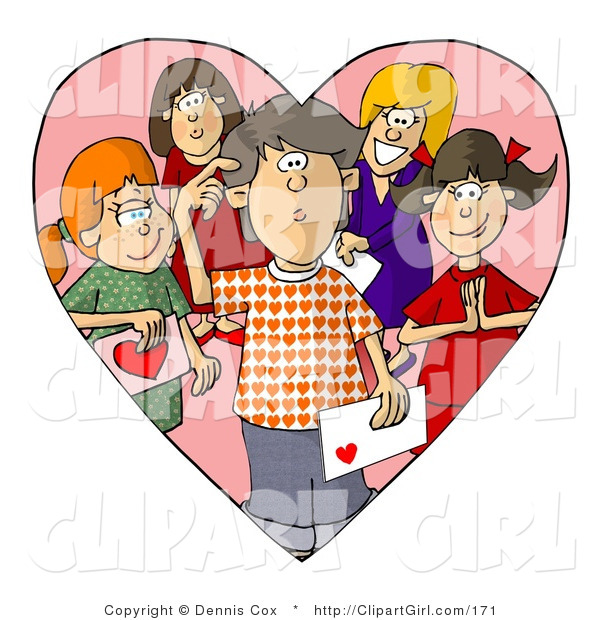 Clip Art of an Overwhelmed and Confused Boy on Valentines Day, Surrounded by Girls That Have a Crush on Him