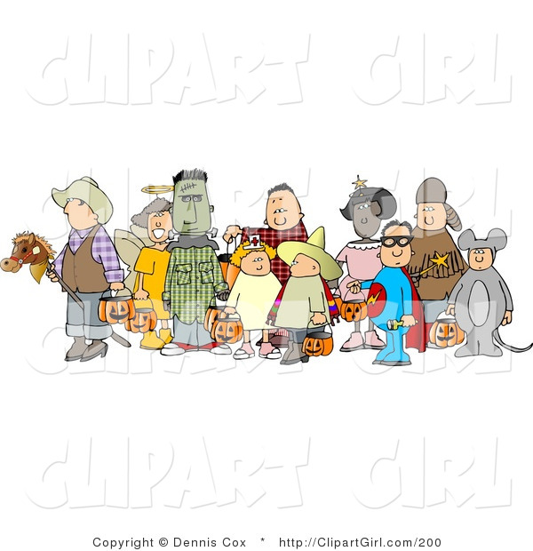 Clip Art of Halloween Trick-or-treaters Standing Together As a Group in Their Costumes on a White Background