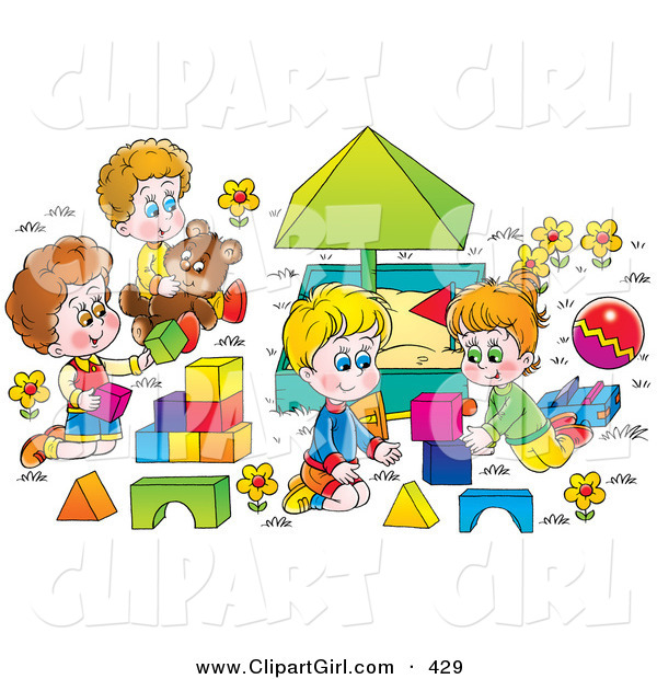 Clip Art of Happy Children Playing with Blocks and Teddy Bears Around a Sand Box, out on a Picnic