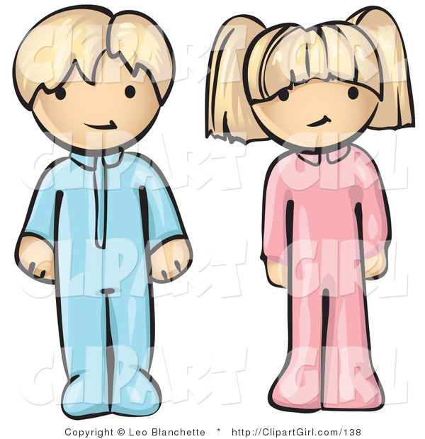 Clip Art of Two Cute Blond Twins, a Little Boy and a Little Girl, Atanding in Their Pajamas with Their Arms at Their Sides