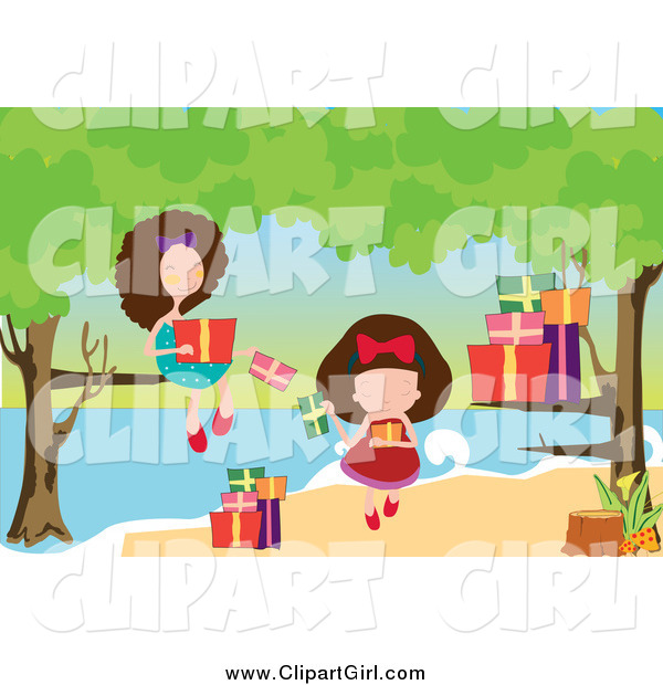 Clip Art of Two Girls Opening Presents at a Beach