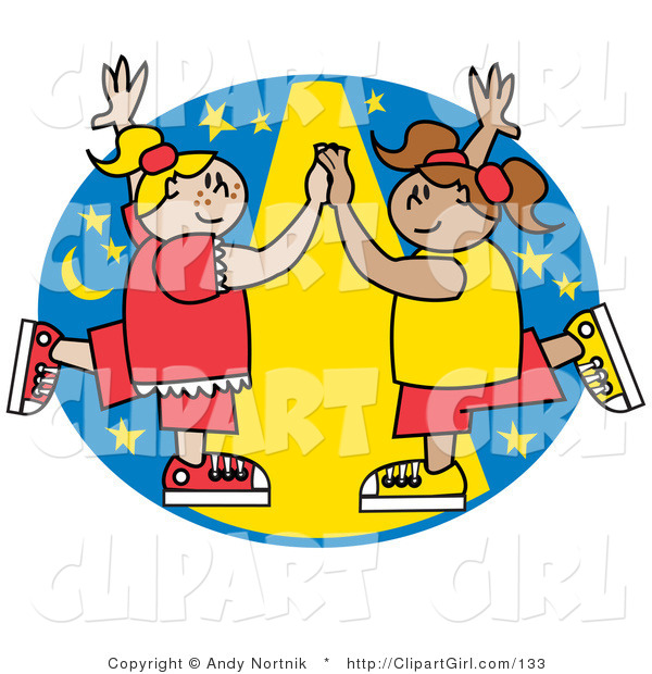 Clip Art of Two Smiling Girls Dancing Together Under a Spotlight