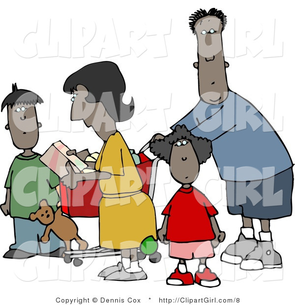 Vector Clip Art of an African American Family Shopping Together at a Grocery Store