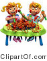 Clip Art of a 3d Boy and Girl Twins Making a Mess During a Spaghetti Dinner by