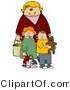 Clip Art of a Blond Woman, a Mom, Standing Behind Her Two Children, a Red Haired Girl in a Green Dress Who Is Carrying Her Doll, and a Boy, Her Son, Who Is Wearing a Yellow Shirt and Carrying His Teddy Bear by Djart