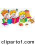 Clip Art of a Cat Watching a Cute Boy and His Two Sisters Read Books by Alex Bannykh