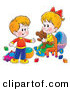 Clip Art of a Cheerful Little Brother and Sister in a Toy Room, Playing with Blocks, Balls, Cars and a Teddy Bear by Alex Bannykh