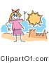 Clip Art of a Childlike Drawing of a Little Girl Waving Hello and Playing by a Sandcastle on a Sunny Beach by Andy Nortnik