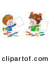 Clip Art of a Cute Little Boy and His Sister Proudly Holding up Their Artwork While Coloring at a Table by Alex Bannykh