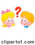 Clip Art of a Cute, yet Curious Boy and Girl with a Red Question Mark Between Their Heads by Alex Bannykh