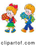 Clip Art of a Friendly Little Boy and Girl Walking Home from School with Flowers by Alex Bannykh