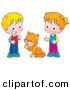 Clip Art of a Grooming Cat Between a Little Boy and Girl in a Room by Alex Bannykh