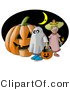 Clip Art of a Halloween Pumpkin, Two Trick-or-Treaters, and Witch Flying in Front of a Crescent Moon by Djart