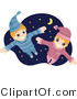 Clip Art of a Happy Boy and Girl Flying in Their Pajamas Against a Starry Nighttime Sky by BNP Design Studio