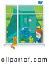 Clip Art of a Paper Airplane Flying past a School Girl in a Classroom As She Looks out a Window at a Cat by Alex Bannykh