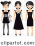 Clip Art of a Trio of Black Haired Teen Girls in Different Styled Black Dresses, on a White Background by Melisende Vector