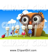 Clip Art of 3d White Students Walking into an Owl School by BNP Design Studio