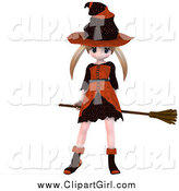 Clip Art of a 3d Blond Caucasian Witch Girl Flying on Her Broom by