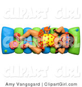 Clip Art of a 3d Girl Listening to an Mp3 Player and Floating in a Pool on a Raft by