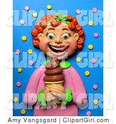 Clip Art of a 3d Red Headed Girl Smiling at a Chocolate Ice Cream Cone by