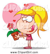 Clip Art of a Amorous Blond Girl Giving a Daisy Plant by Hit Toon
