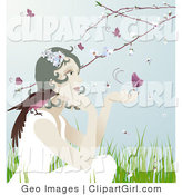 Clip Art of a Beautiful Gentle Woman with a Bird on Her Shoulder and a Butterfly on Her Hand, Sitting Outdoors in Spring Time by AtStockIllustration