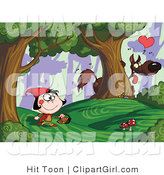 Clip Art of a Big Bad Wolf Watching Little Red Riding Hood Walking Along from Behind a Tree in a Forest by Hit Toon
