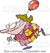 Clip Art of a Birthday Girl in a Polka Dot Dress, Carrying a Present and a Red Balloon by Toonaday