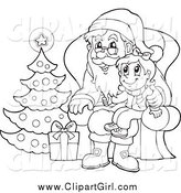 Clip Art of a Black and White Christmas Girl Sitting on Santas Lap by Visekart