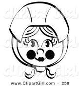Clip Art of a Black and White Coloring Page of a Pretty Female Pilgrim with Flushed Cheeks, Wearing a Bonnet over Her Hair by Andy Nortnik