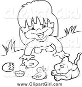 Clip Art of a Black and White Happy Girl Playing with Animals by Dero