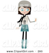 Clip Art of a Black Haired, Blue Eyed White Woman Dressed in Blue and Beige, Wearing a Hat and Scarf, Standing and Holding One Arm out by Melisende Vector