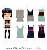 Clip Art of a Black Haired Caucasian Female Paper Doll Wearing Black Undergarments, with a Brown Coat and Dress and Green, Pink and Black Dresses by Melisende Vector