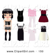 Clip Art of a Black Haired Caucasian Paper Doll Girl Wearing Undergarments, with Dresses, and Outfits to the Right by Melisende Vector