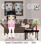 Clip Art of a Black Haired Girl Dressed in Pink and White Stripes, Standing in Front of a Brown Couch with a Kitty Resting on the Cushions and a Table with a Bowl and Plant by Melisende Vector