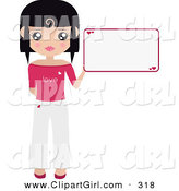 Clip Art of a Black Haired Girl Dressed in White and Pink, Holding up a Blank Sign with Hearts on It by Melisende Vector