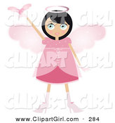 Clip Art of a Black Haired Tan Fairy Woman in a Pink Dress and Heels, with Big Pink Wings and a Halo, Holding a Winged Heart up by Melisende Vector