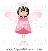 Clip Art of a Black Haired White Fairy Woman in a Pink Dress and Heels, with Big Pink Wings and a Halo, Holding a Winged Heart Above Her Head by Melisende Vector